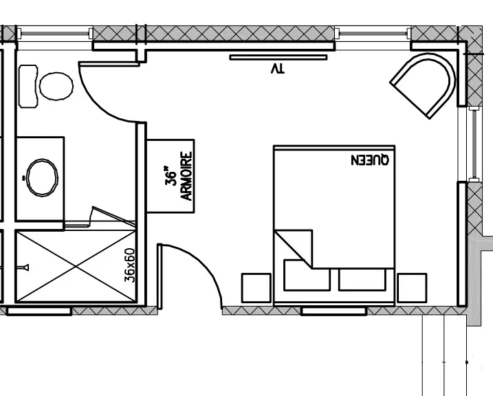 A floor plan of a room featuring a queen bed, TV, bathroom, and a wardrobe.