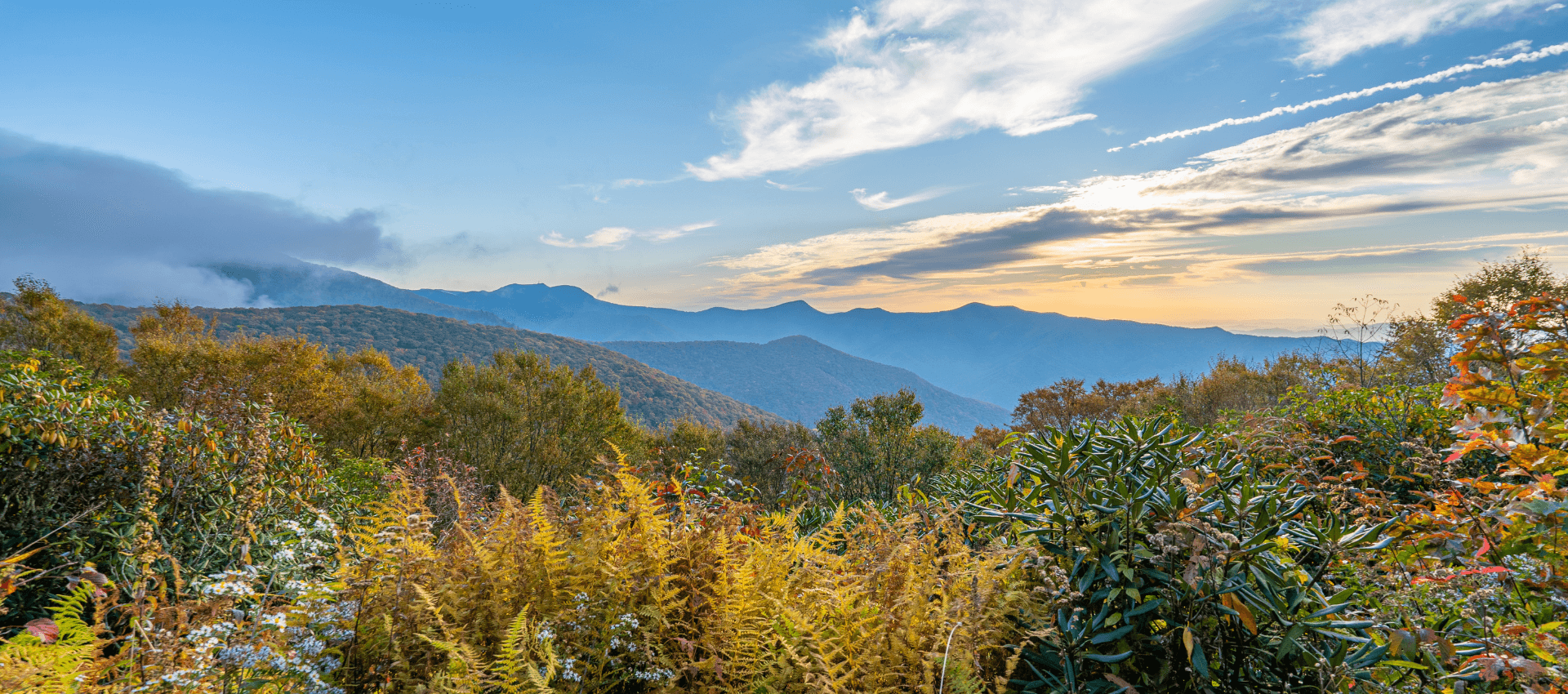 A scenic view of mountains and colorful foliage under a cloudy sky at sunset.