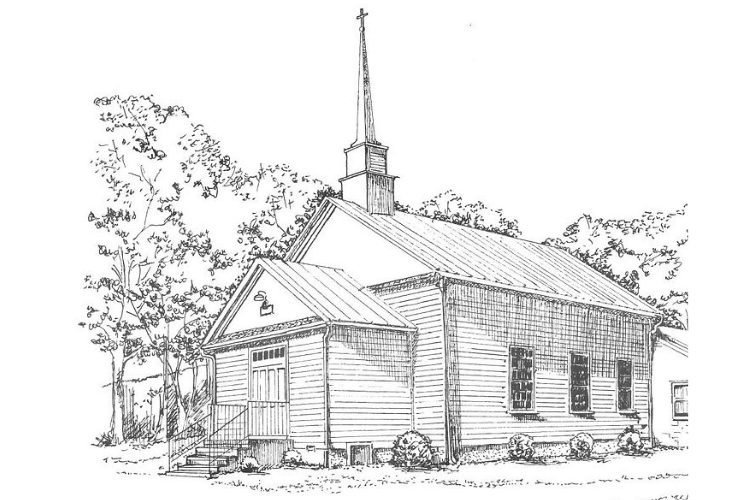 Sketch of a small church with a steeple surrounded by trees.