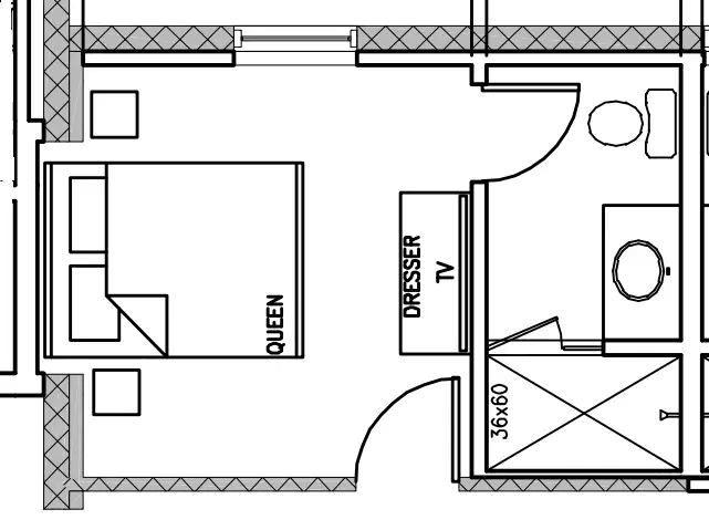 Floor plan of a room featuring a queen bed, dresser, TV, and bathroom layout.
