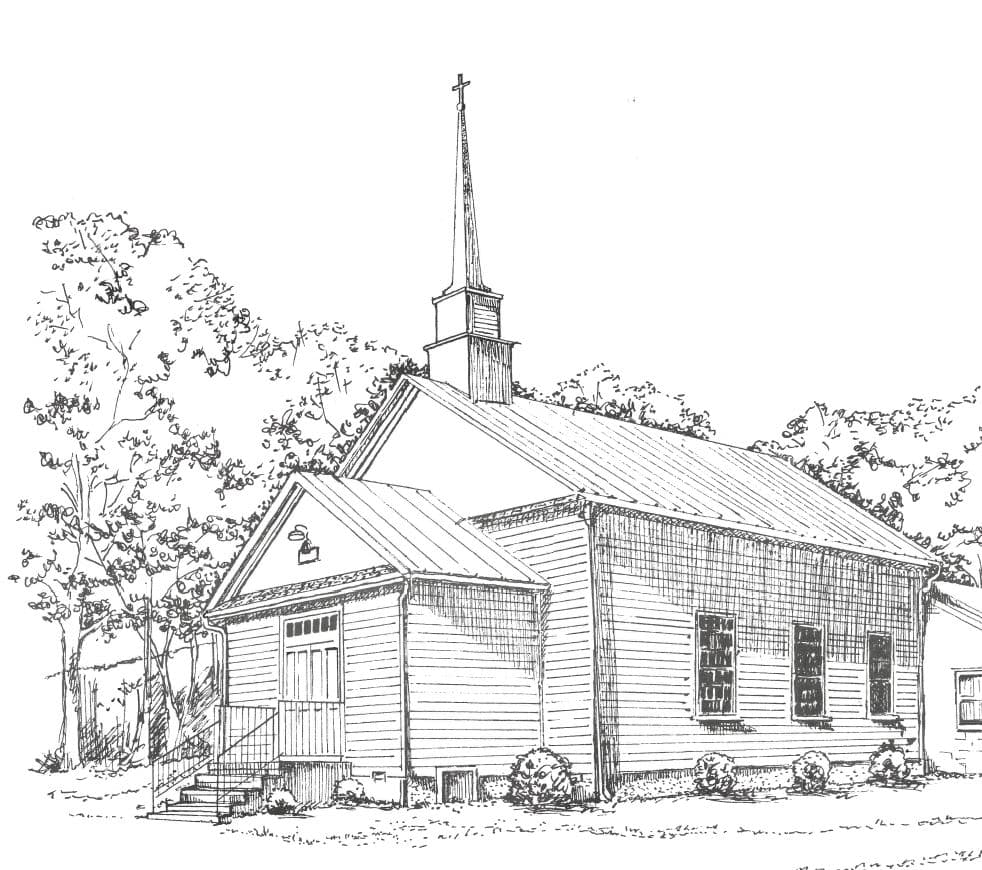 A sketched illustration of a quaint wooden church with a spire surrounded by trees.